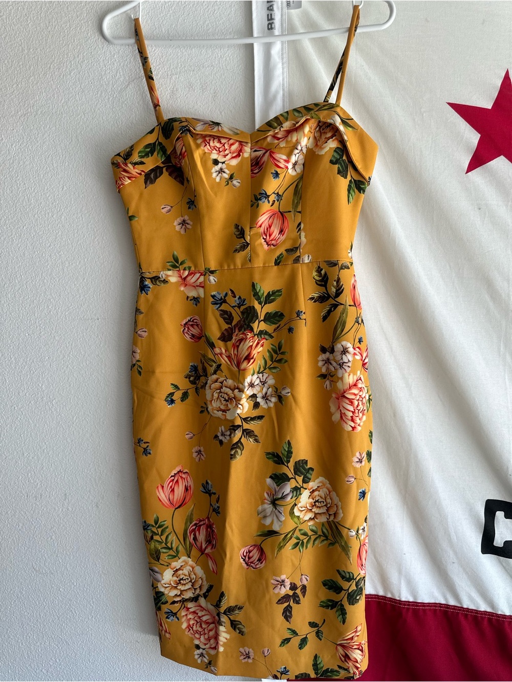 Black Halo Mustard Floral Spaghetti-Strap Midi Dress